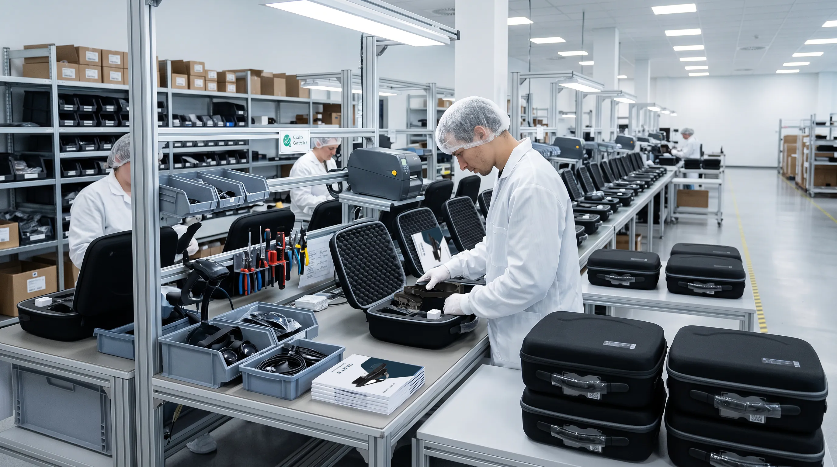 Specialists preparing AR headset kits on the production floor