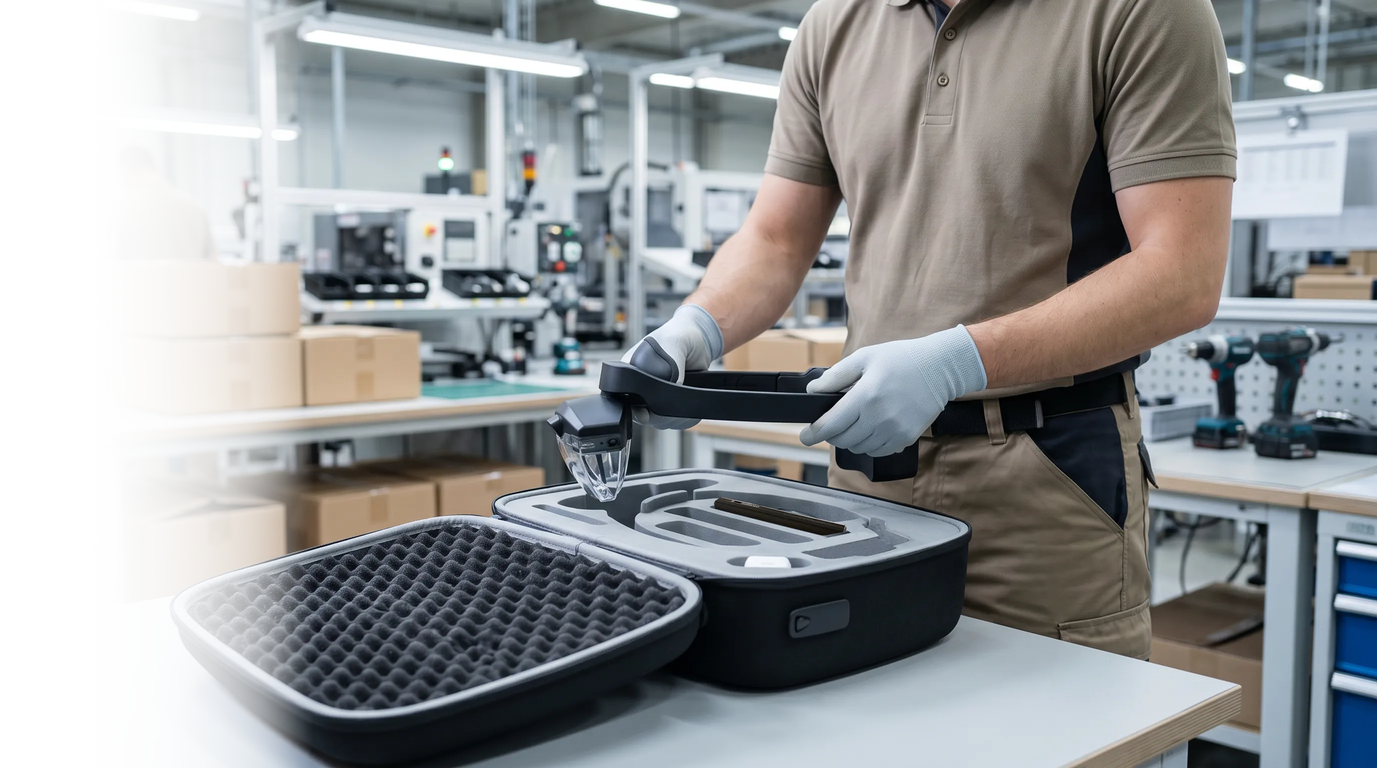 Worker placing an Arvicom headset into a carrying case