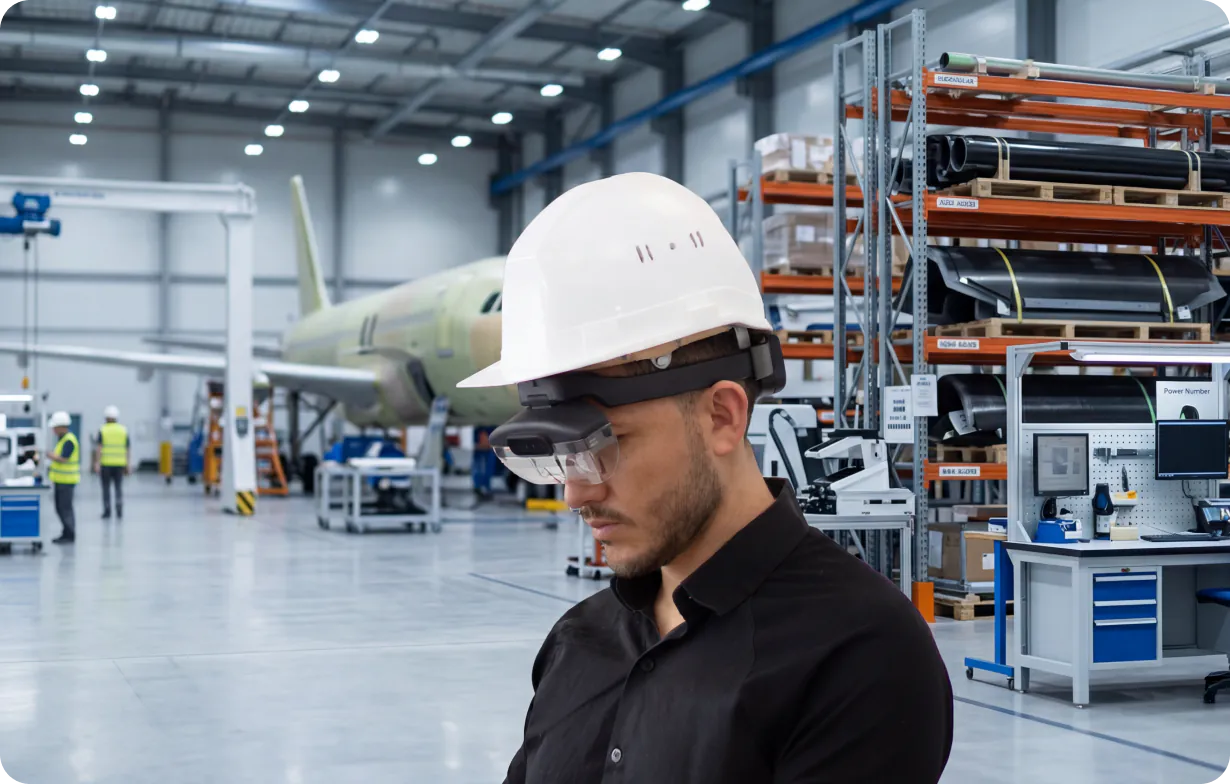 A technician using an Arvicom headset in an aerospace manufacturing facility
