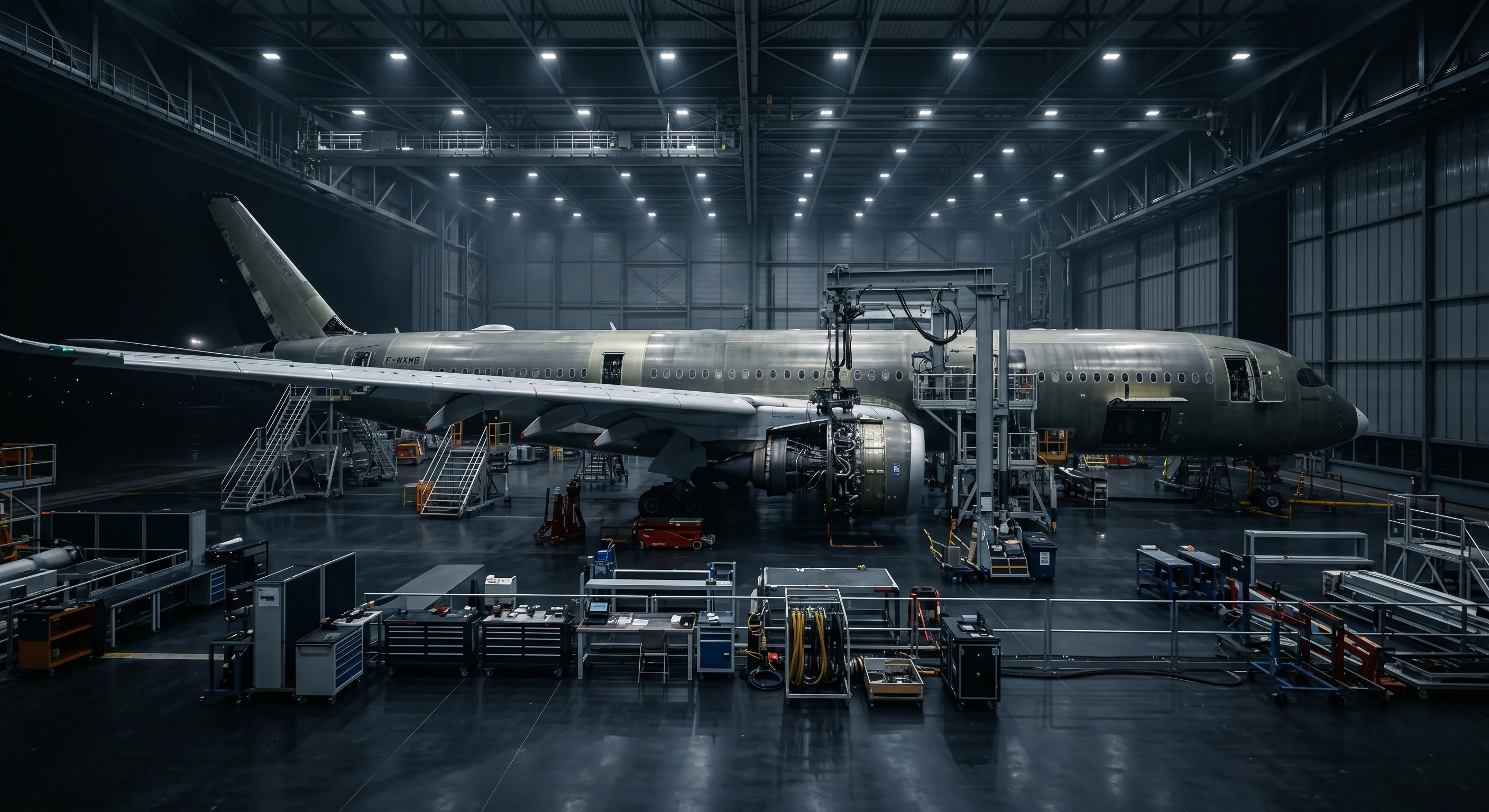 Commercial aircraft in an aviation maintenance hangar