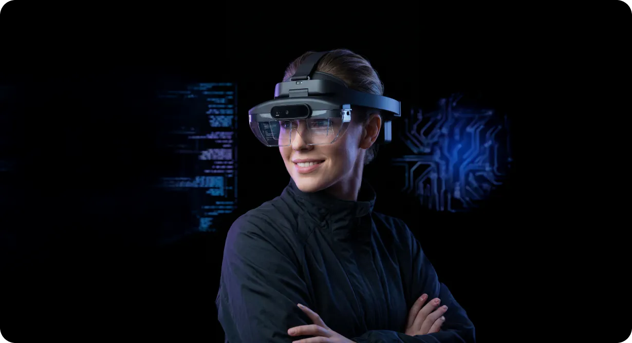Woman wearing an Arvicom AR headset against a dark background