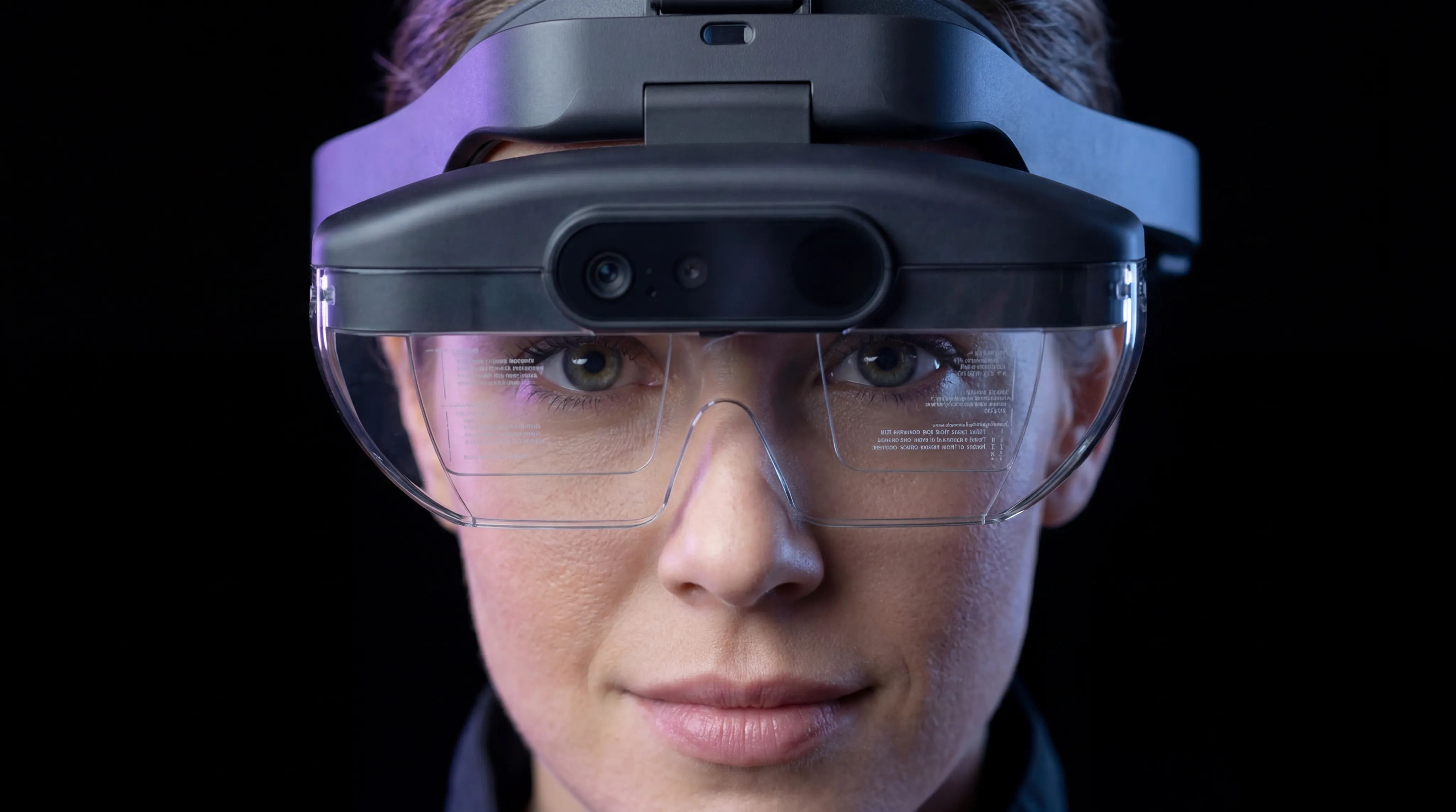 Close-up of an AR headset displaying guidance in the wearer's field of view