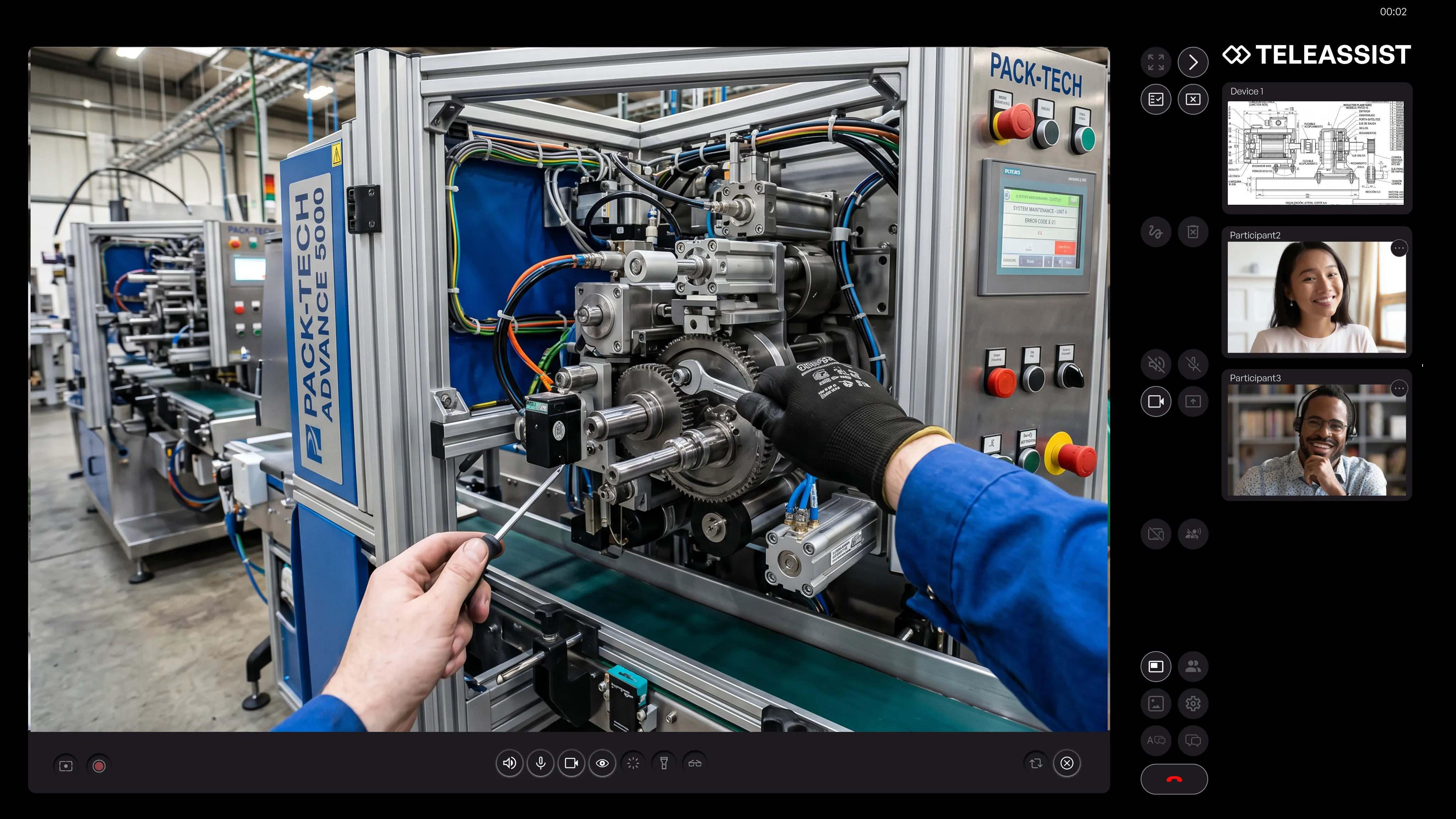 TeleAssist collaboration platform showing live industrial video and remote participants