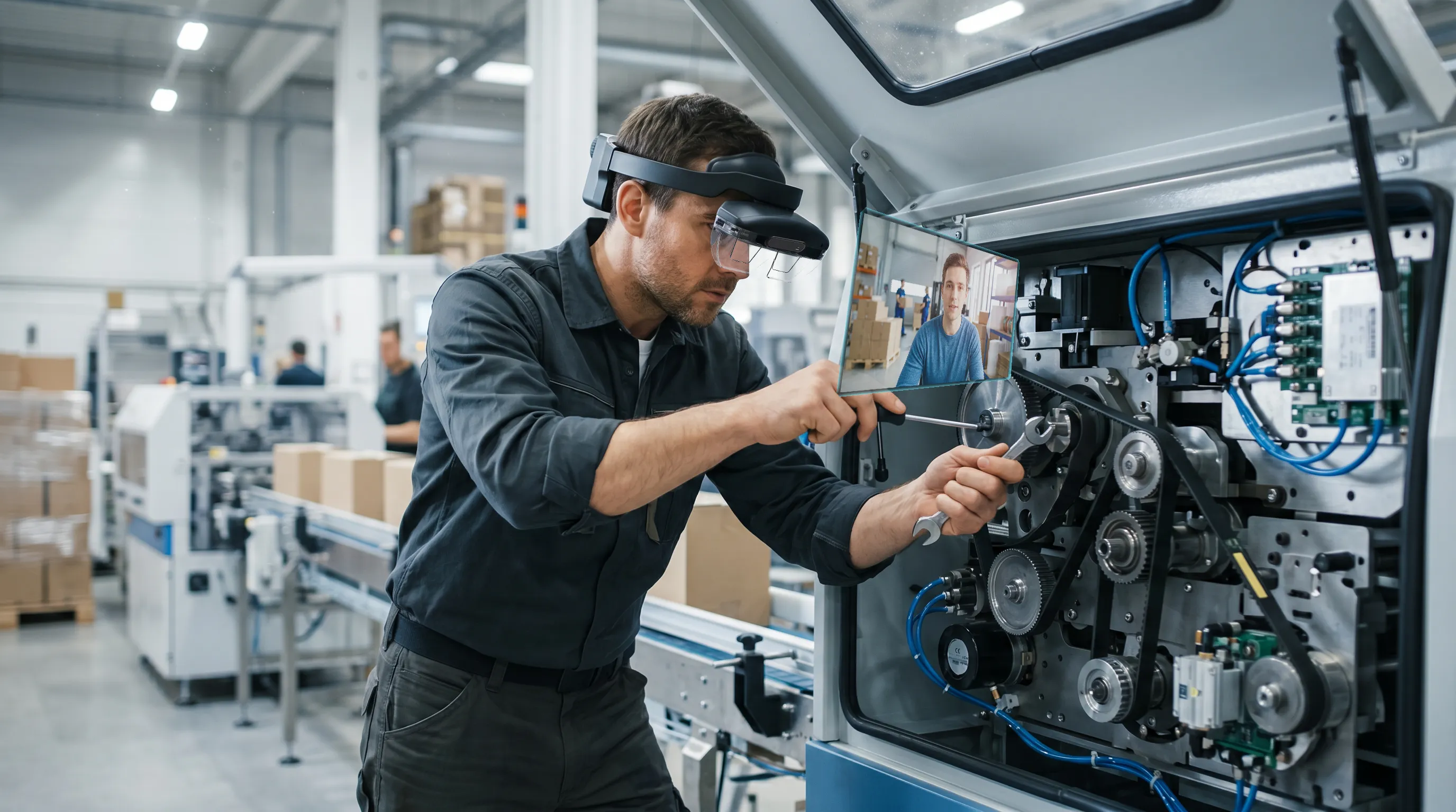 Technician receiving real-time AR assistance while inspecting industrial equipment