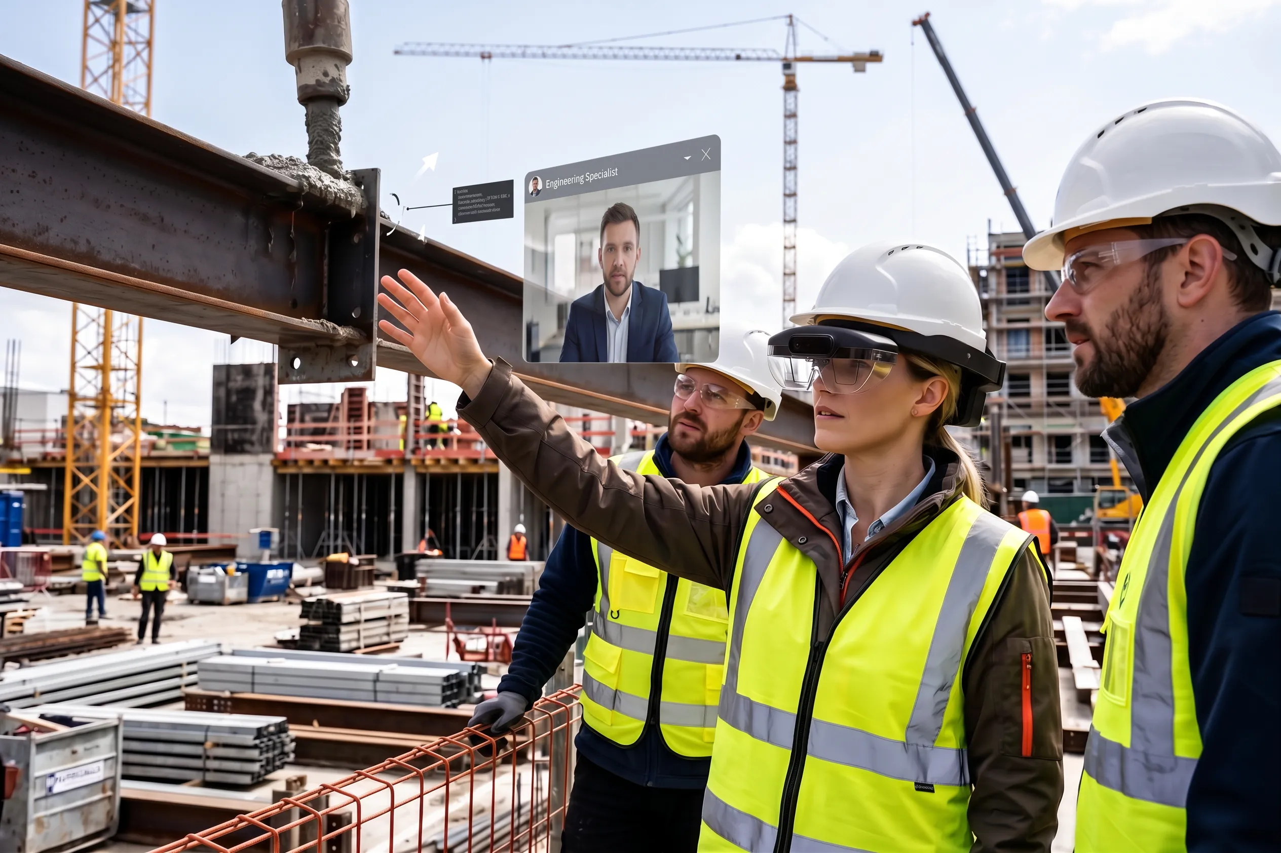 Construction team receiving guidance from a remote specialist