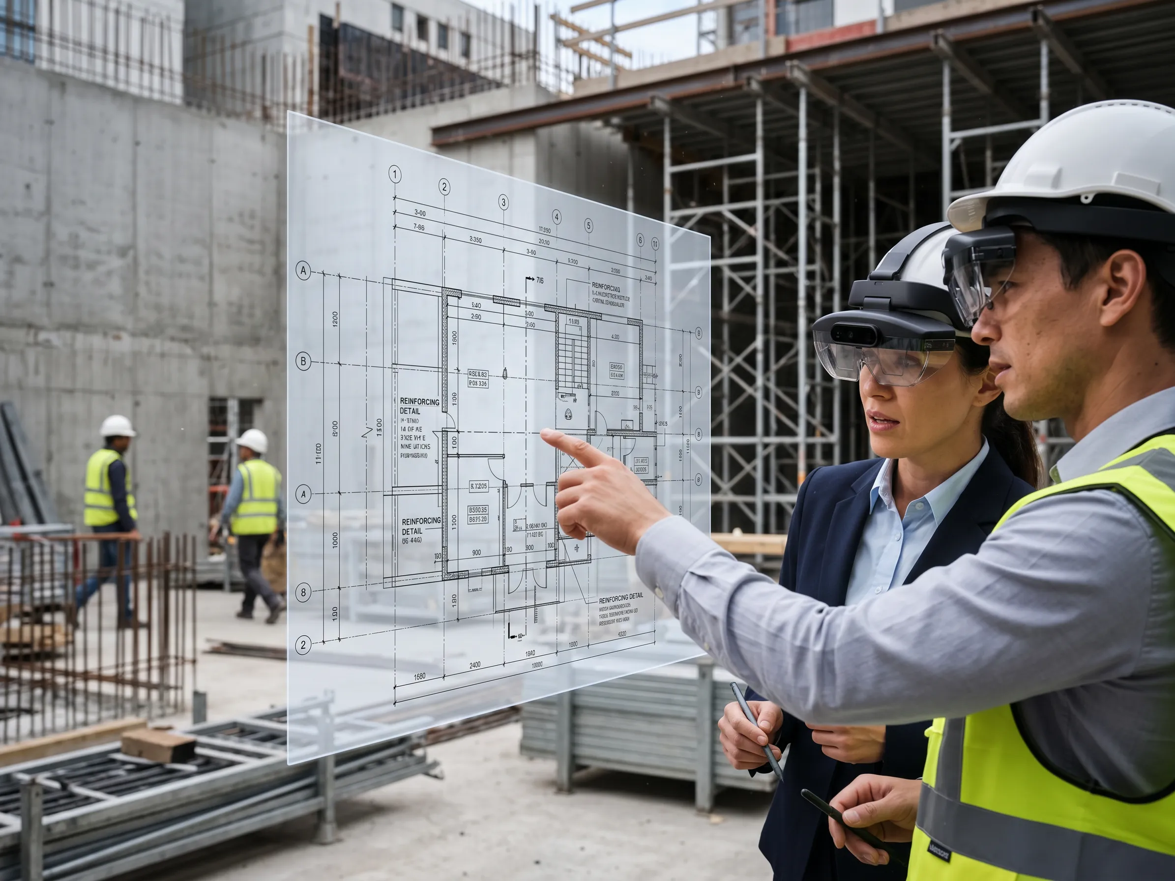 Construction professionals viewing building plans with AR glasses