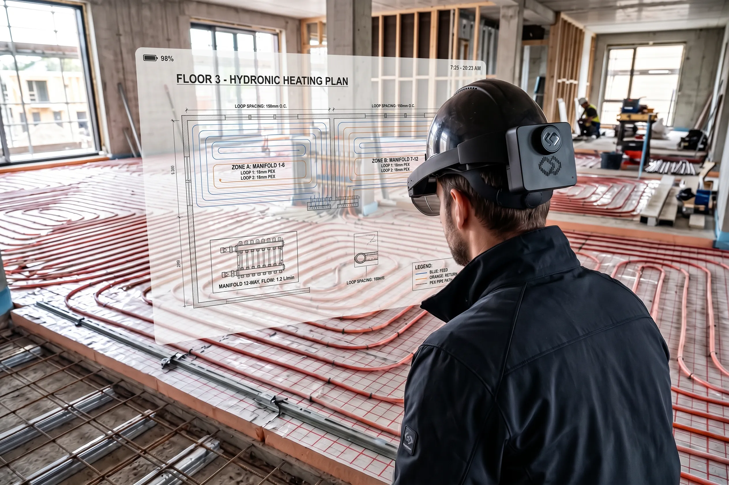 Technician inspecting installed pipework with AR design overlays