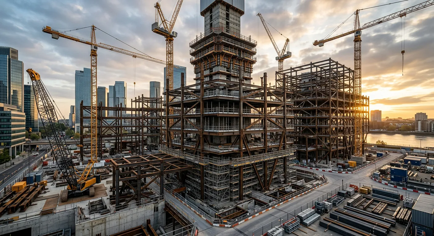 Construction site with steel structures and cranes