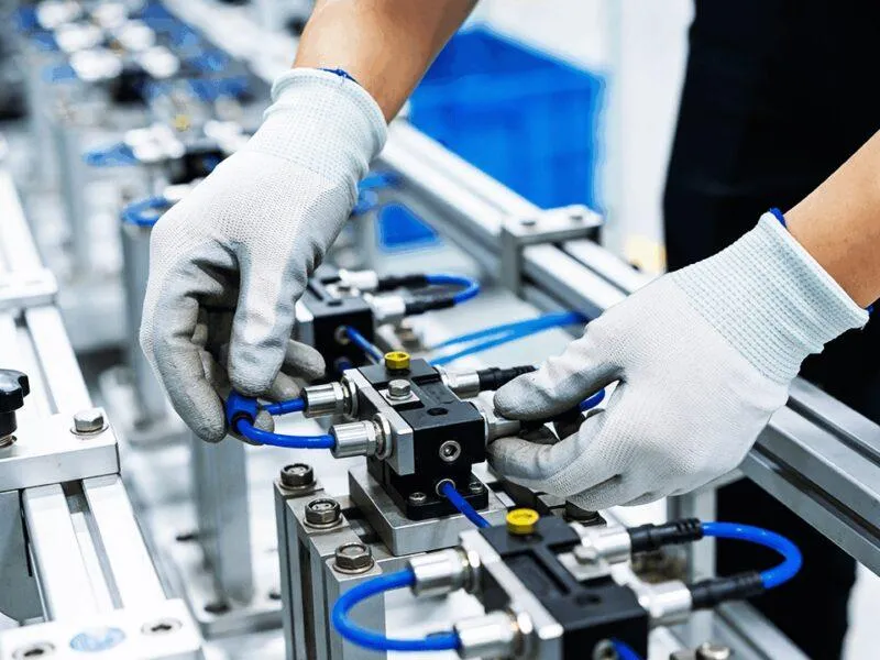 Worker assembling industrial equipment with protective gloves