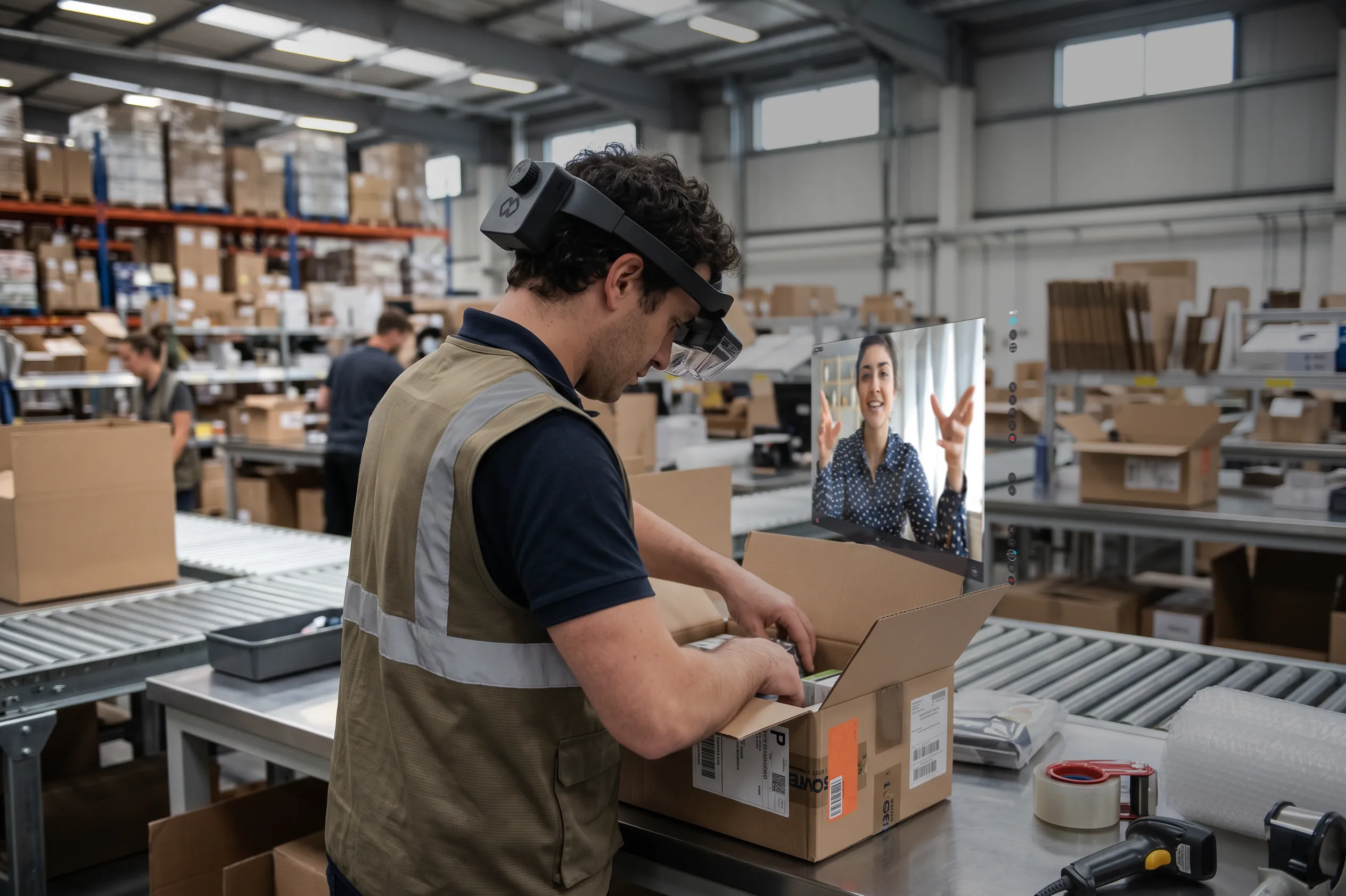 Worker receiving remote visual guidance while packing on a production line