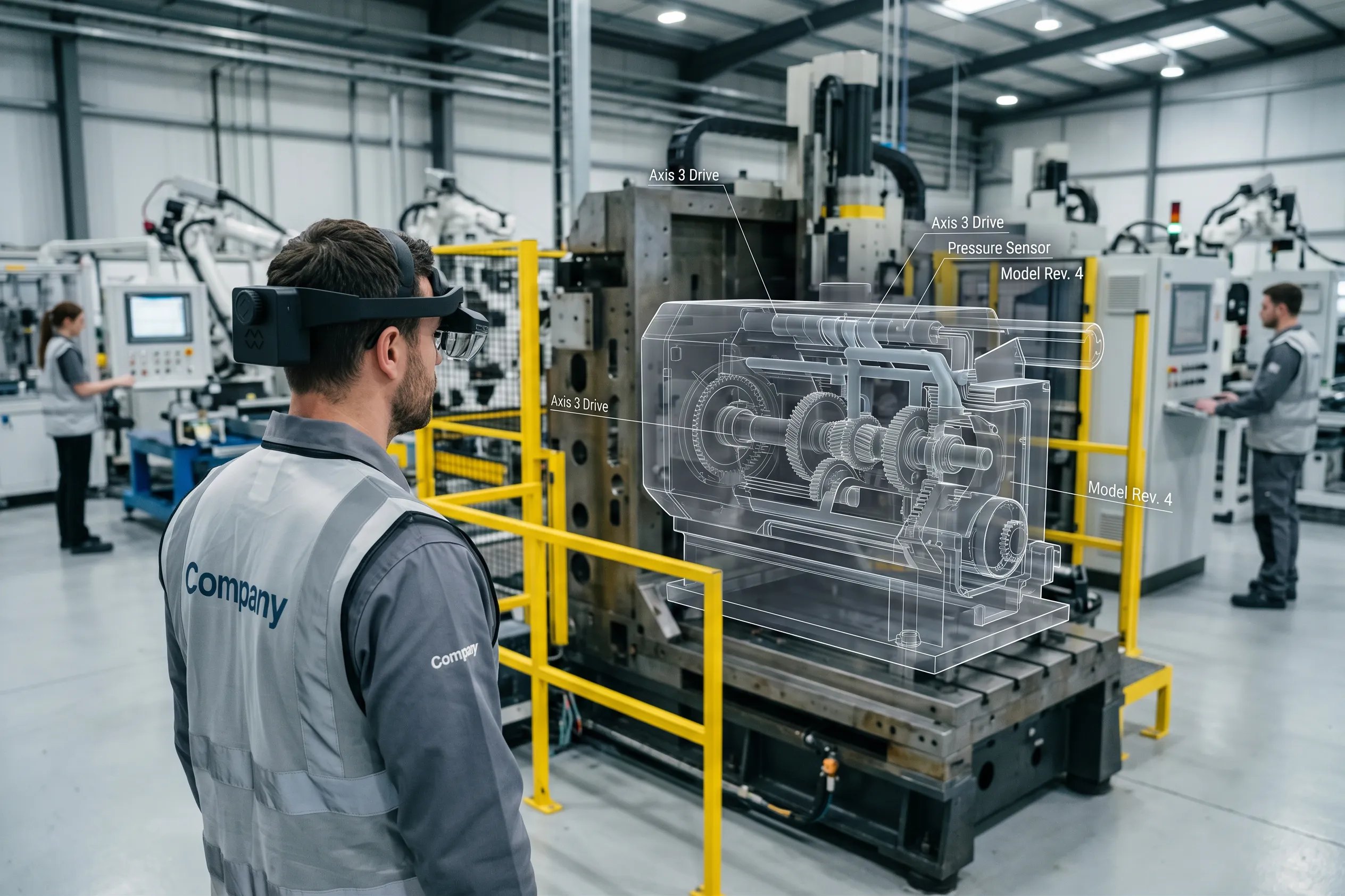 Worker viewing a 3D model of industrial equipment through AR glasses